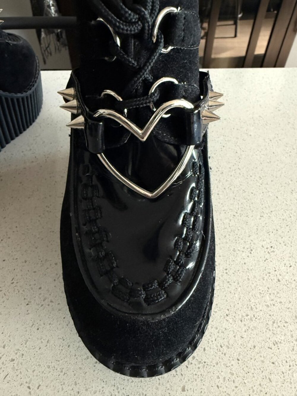 DEMONIA Creeper 302H Black Heart O-Ring & Spikes Vegan Suede | 9M| NWB - Picture 4 of 11